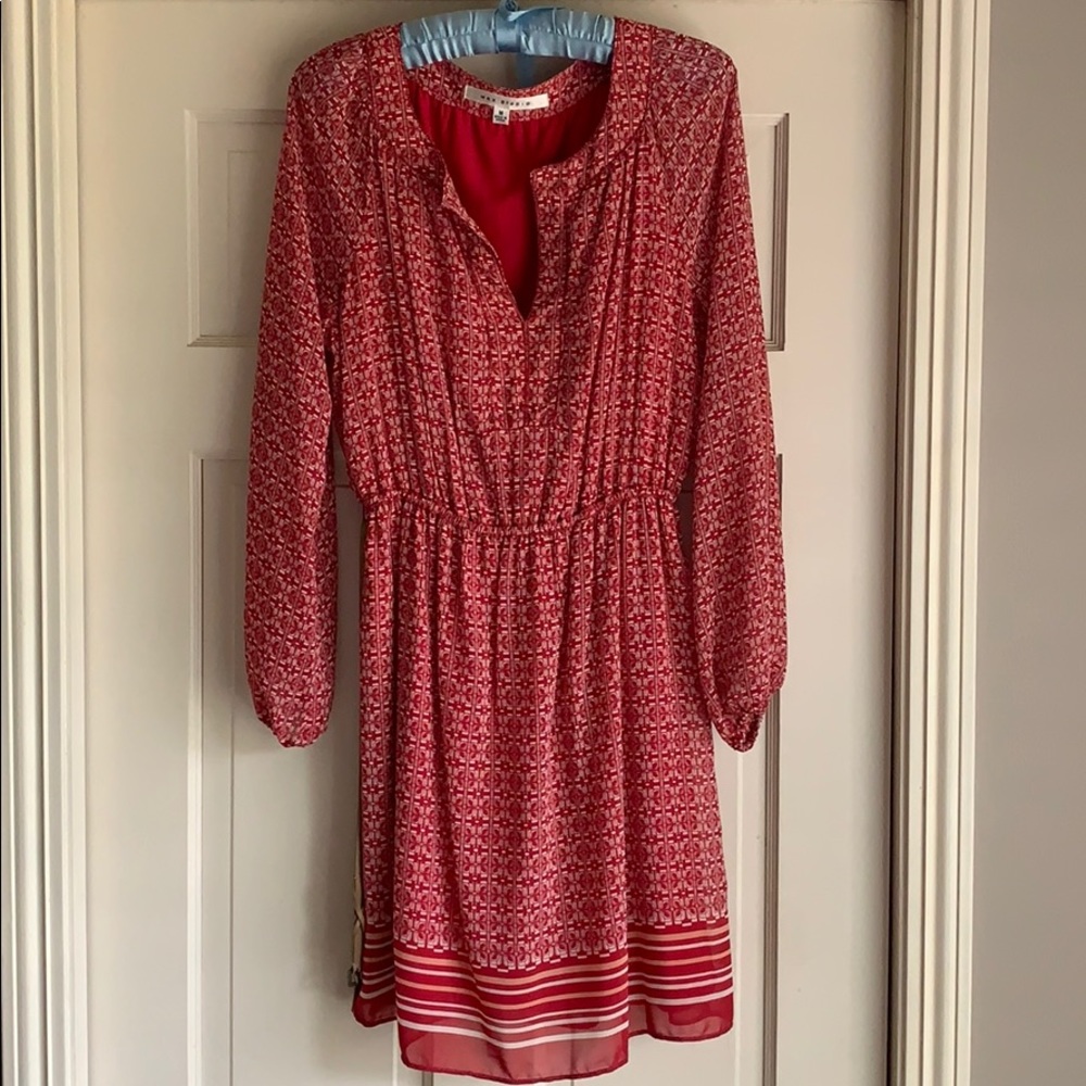 Printed Peasant Dress With Striped Hem